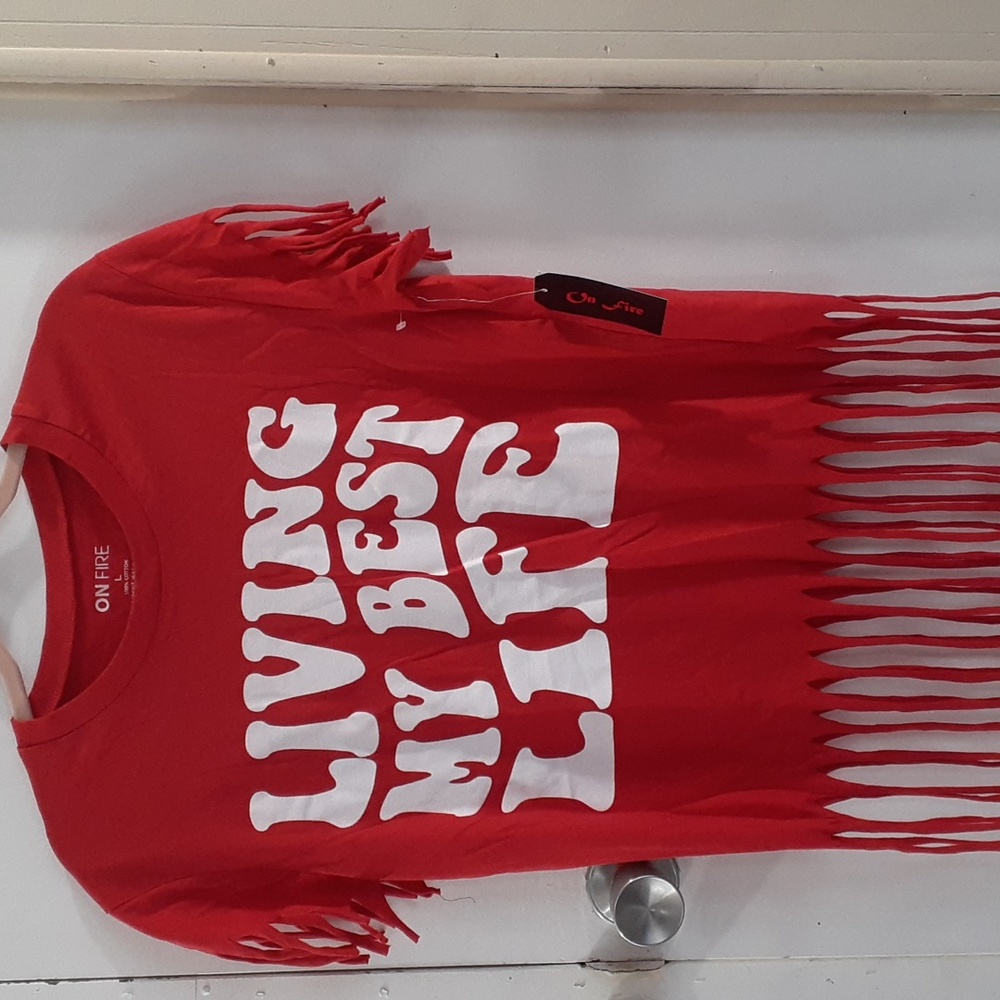 BNWT Living My Best Life Fringed Tee